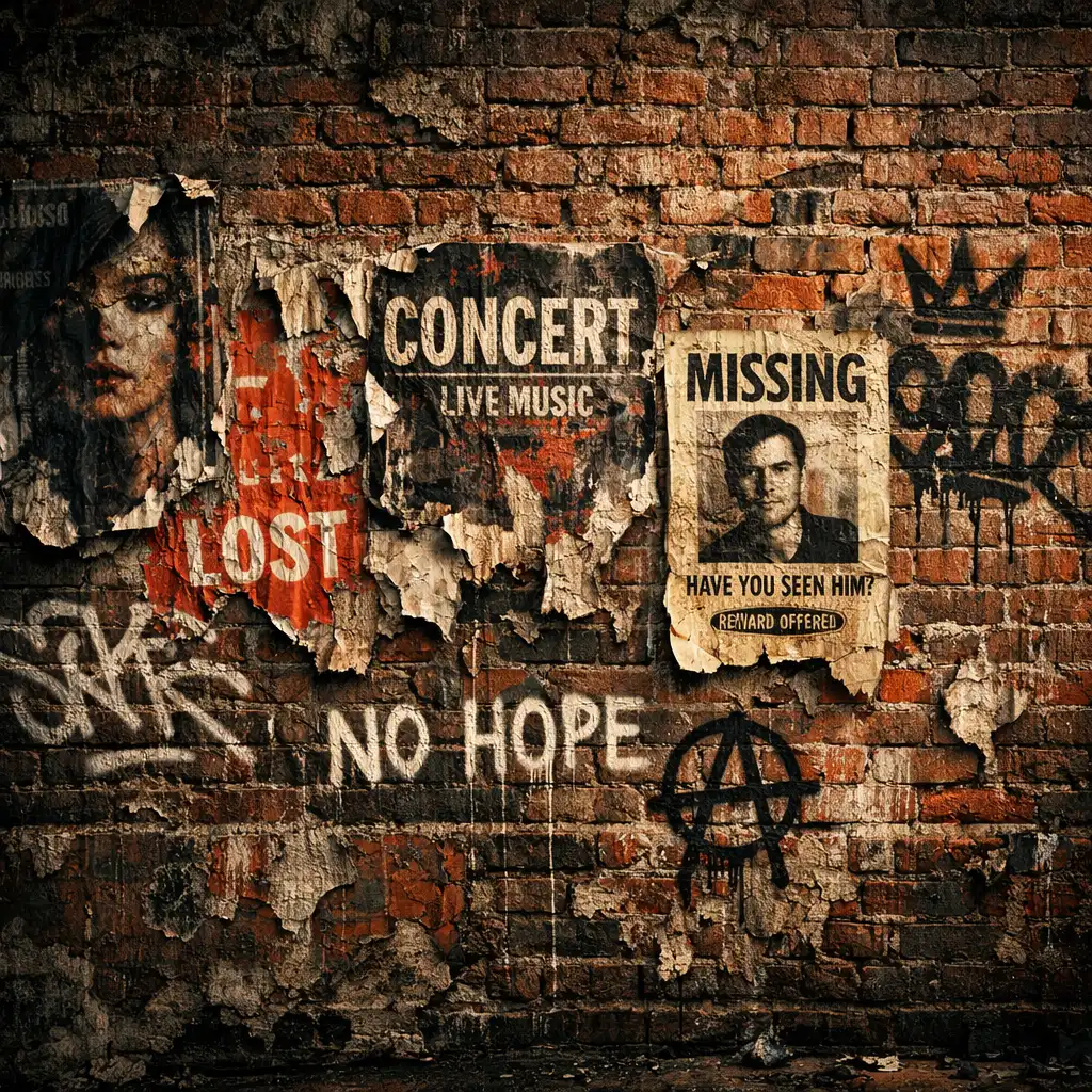 Detal ceglanej ściany z plakatami i graffiti w bocznym świetle