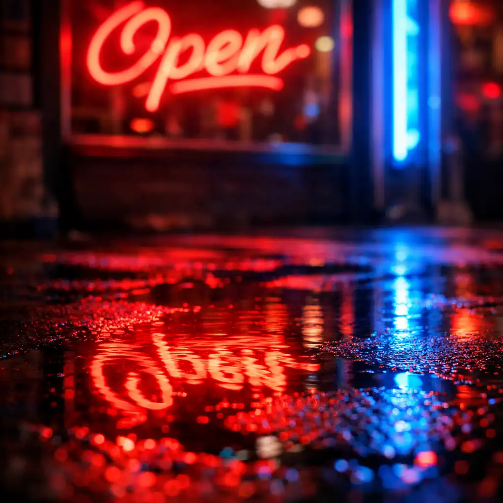 Neonowy szyld odbijający się w mokrym chodniku