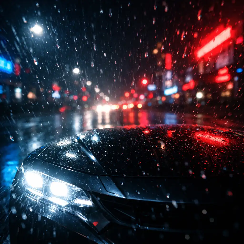 Zbliżenie na maskę samochodu podczas jazdy nocą w deszczu
