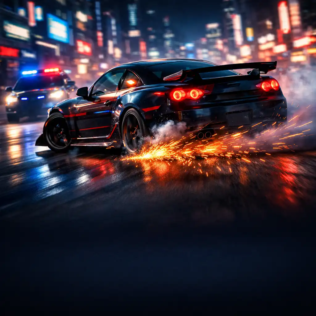 Sportowy samochód w trakcie driftu na nocnej ulicy z pościgiem policyjnym w tle