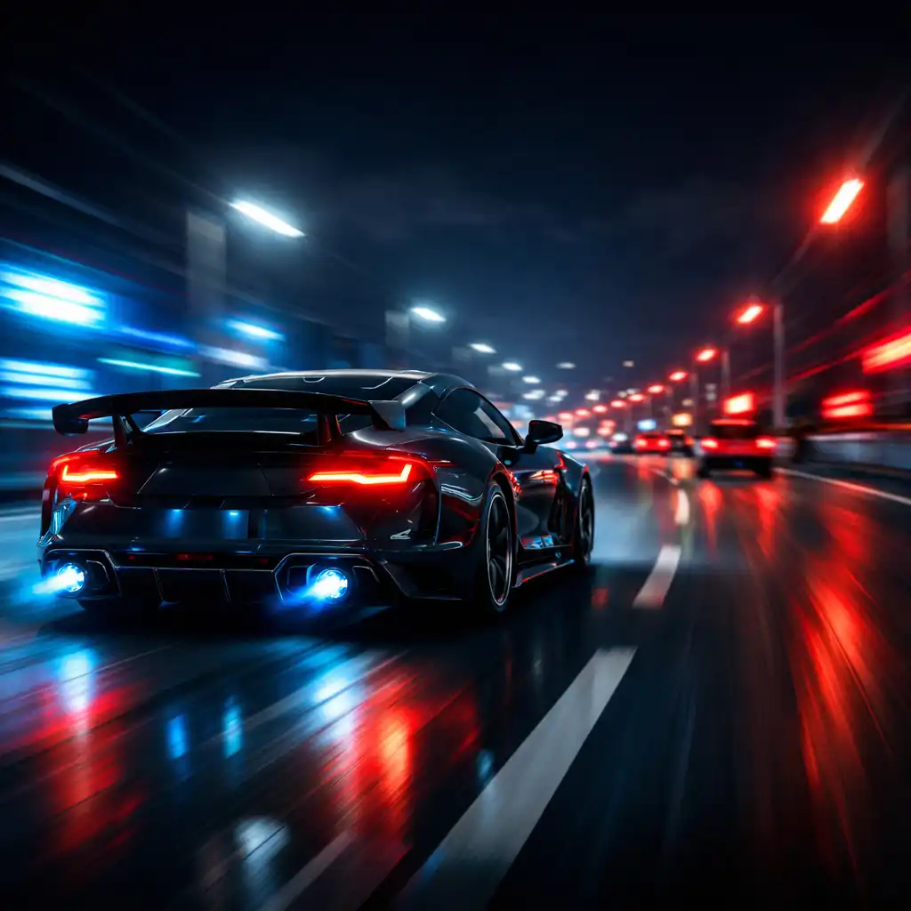 Sportowy samochód pędzący nocną autostradą z neonami