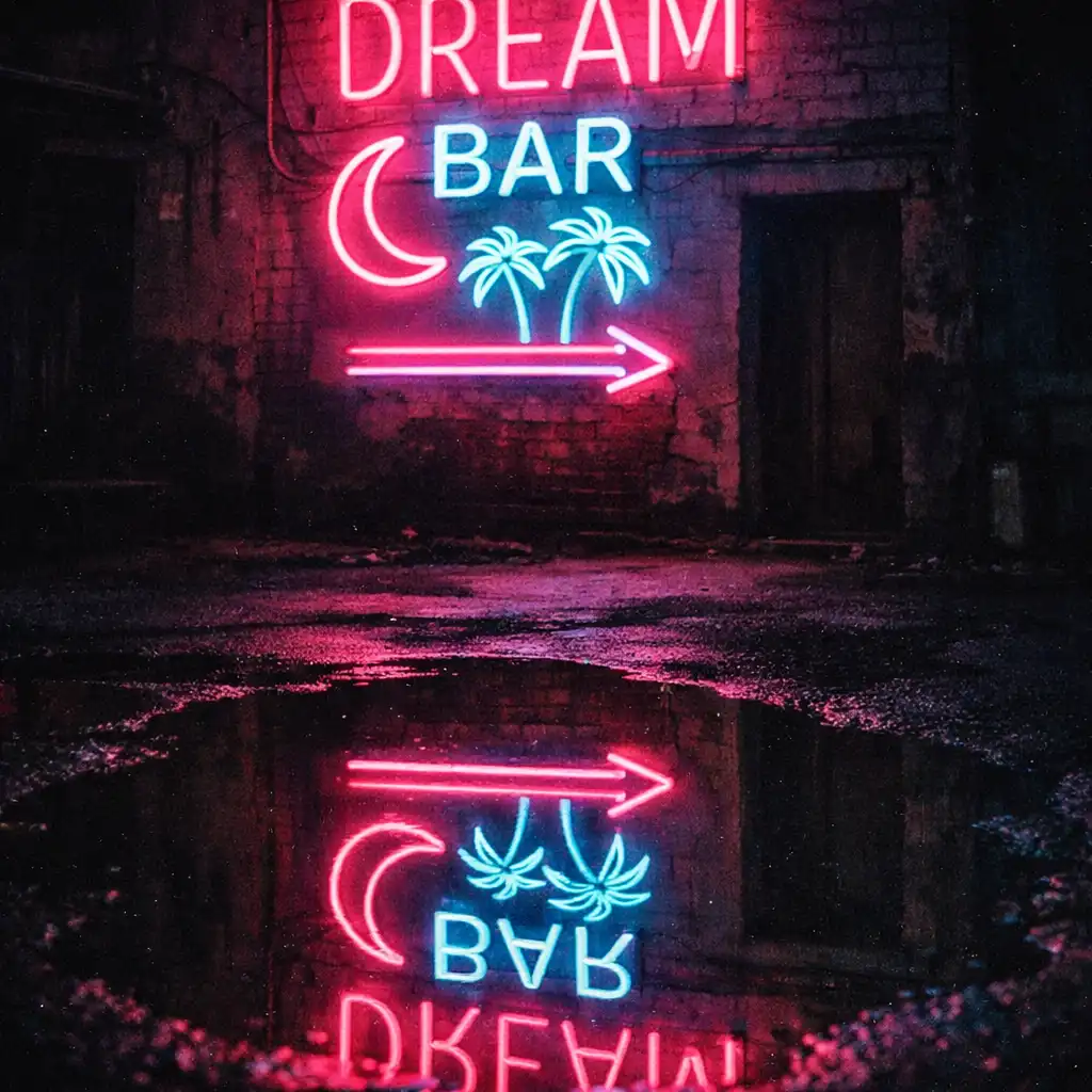 Neonowy szyld na ścianie budynku nocą z odbiciem w kałuży